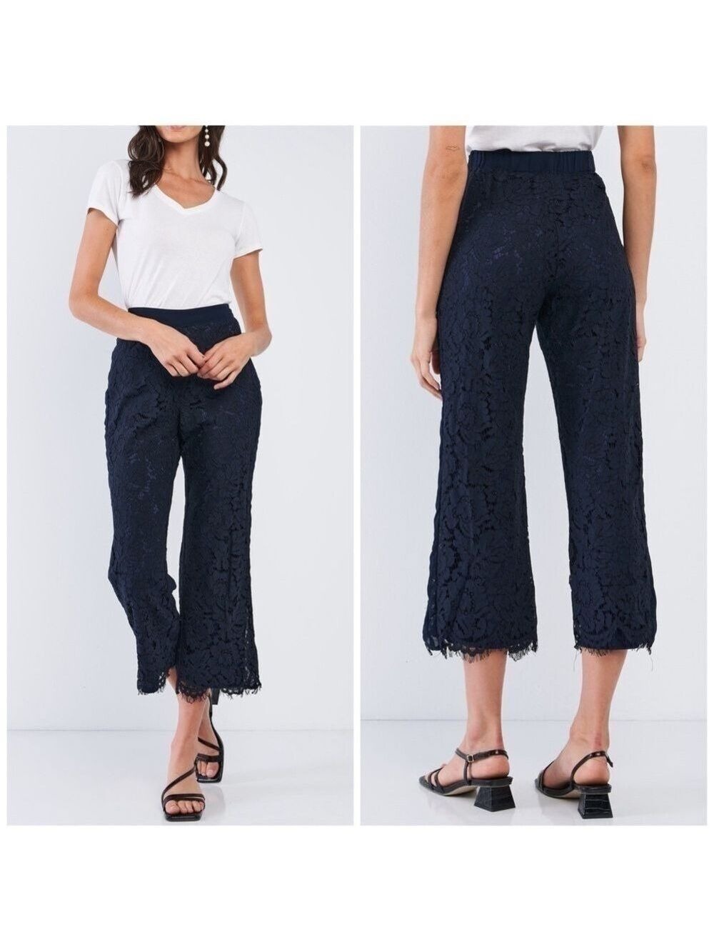 Sugarlips Lace Cropped Pull On Elastic Waist Midi Rise Navy Blue Trousers Pants